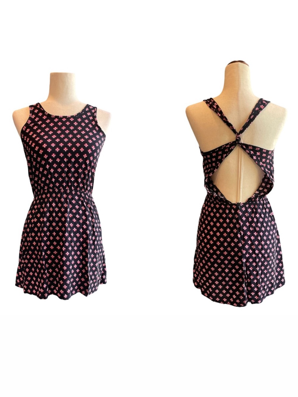 5th & Love Deep Navy Mini Dress with Pink Abstract Floral Print and Open Back S